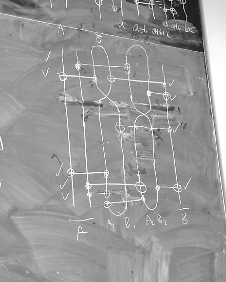 The blackboard construction of the catalytic non-local CCNOT: chalk qubit lines, gates, and two lines looping over each other