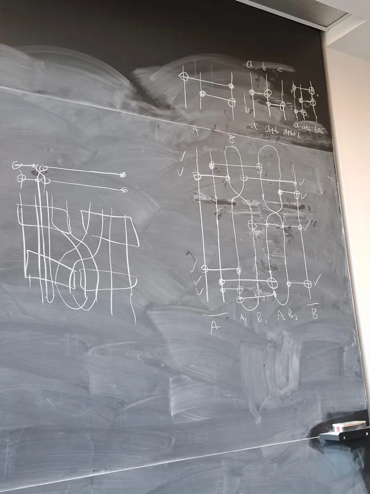 A blackboard with several chalk quantum circuit diagrams, including one with two lines looping over each other