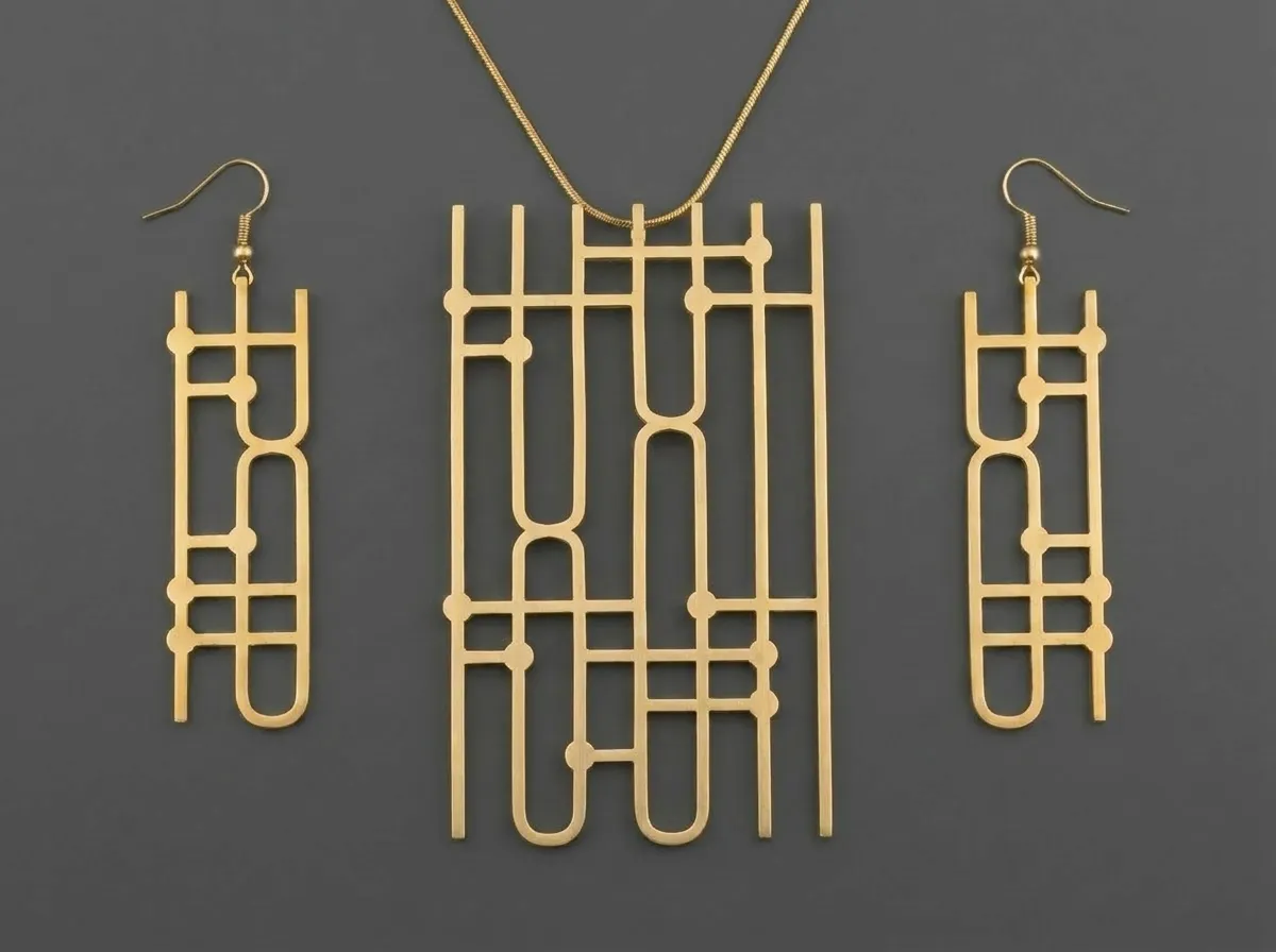 Quantum Earrings and necklace, brass, flat