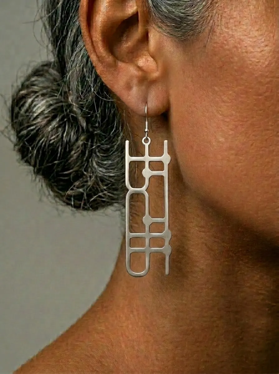 Quantum Earrings worn, stainless steel