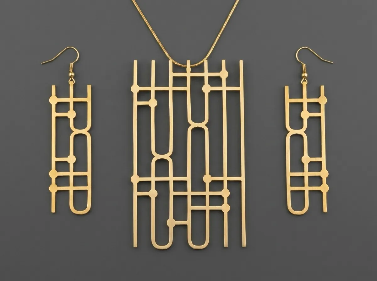 Quantum Pendant and Earrings, brass