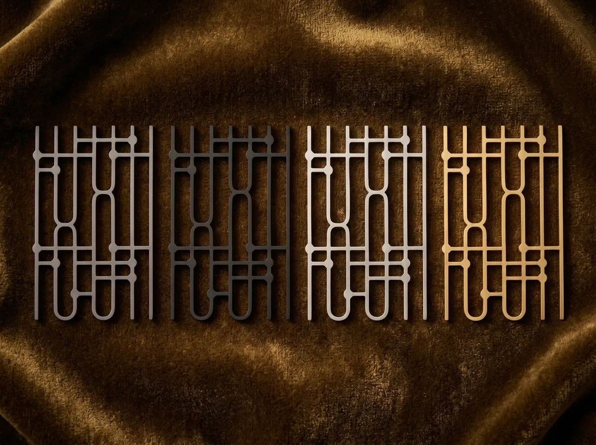 Four Quantum Necklace pendants in different finishes lying on velvet