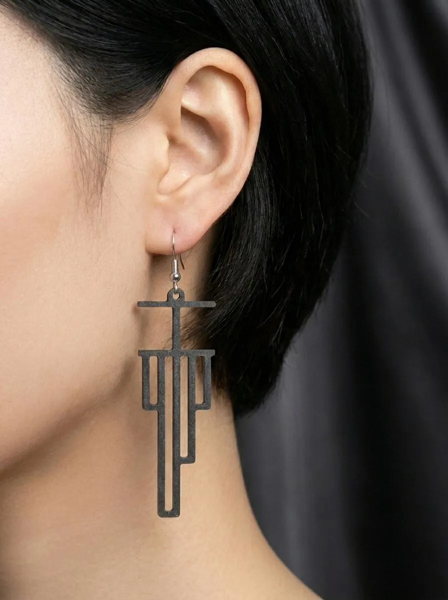 Recursion Earrings worn, grey