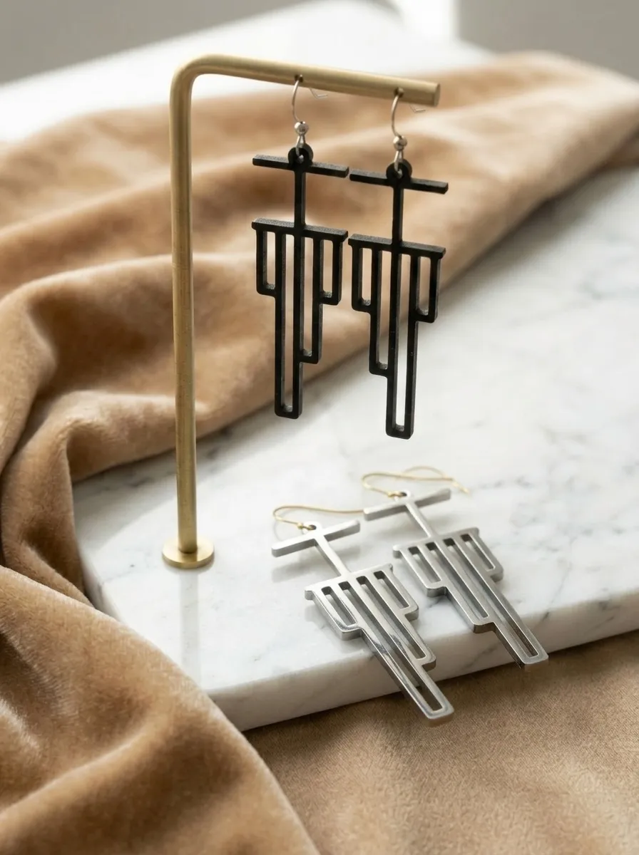 Recursion Earrings, black and stainless steel