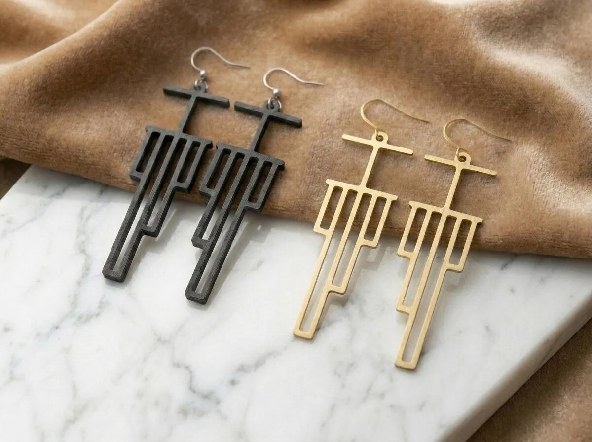 Recursion Earrings, brass and grey, flat