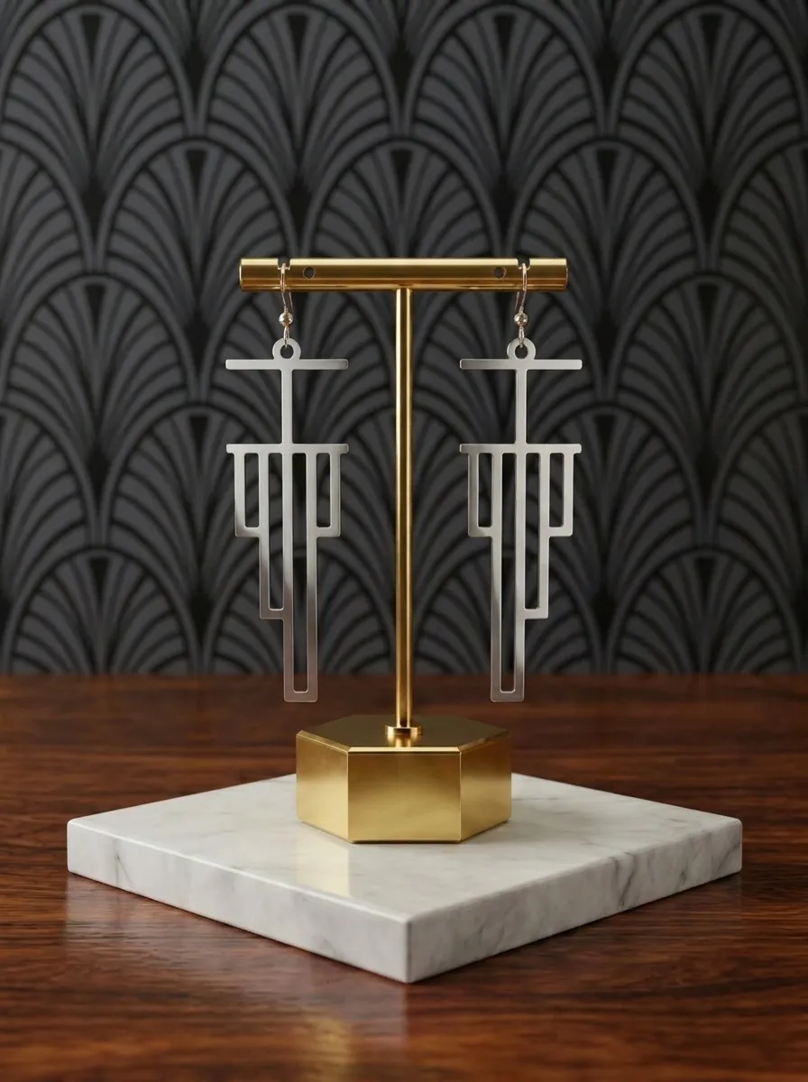 A pair of Recursion Earrings in stainless steel hanging from a small brass stand